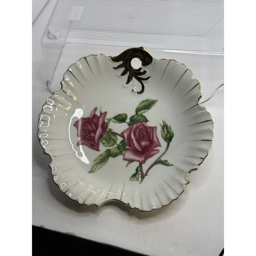 Vintage Hanging Scalloped Edge Floral‎ Dish Roses Gold Trim White Porcelain